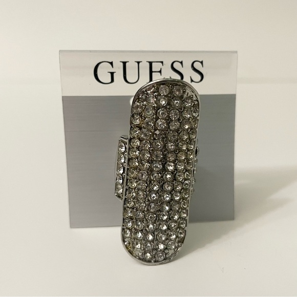 Guess Long Silver Tone Rhinestone Statement Ring Size 8 - Picture 2 of 12